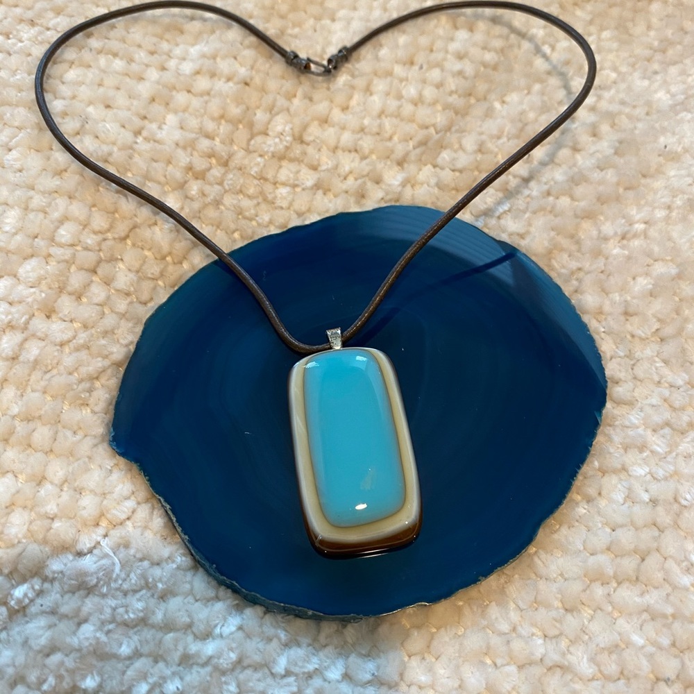 Blue Glass Necklace With Leather Rope